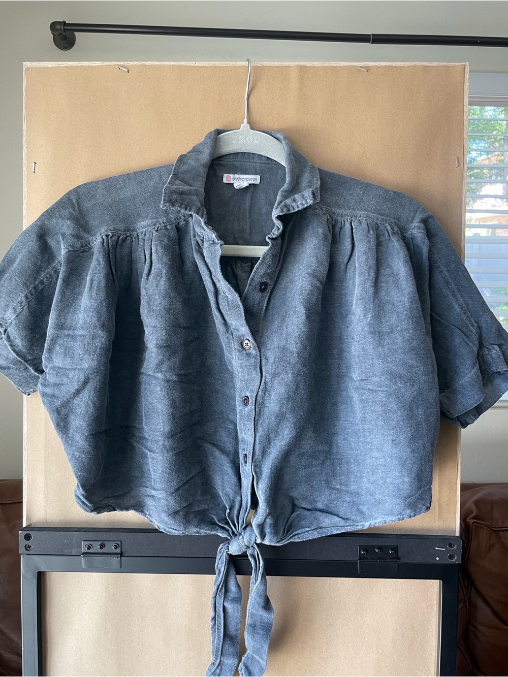 Washed Blue Tie-Front Button Blouse - Cropped